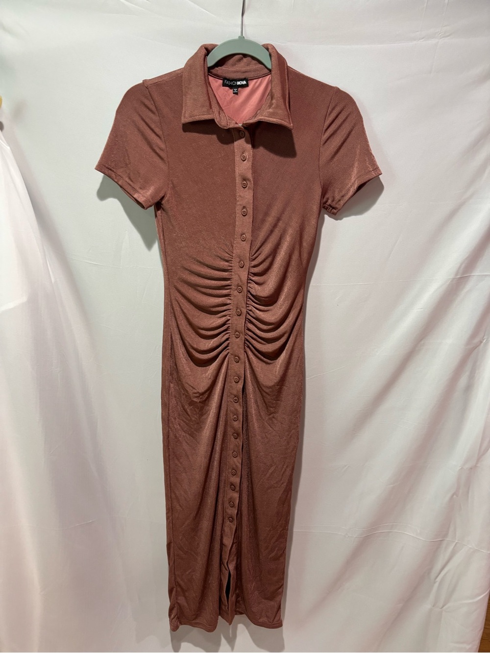 Fashion Nova Mauve Ruched Button-Front Midi Polo Dress